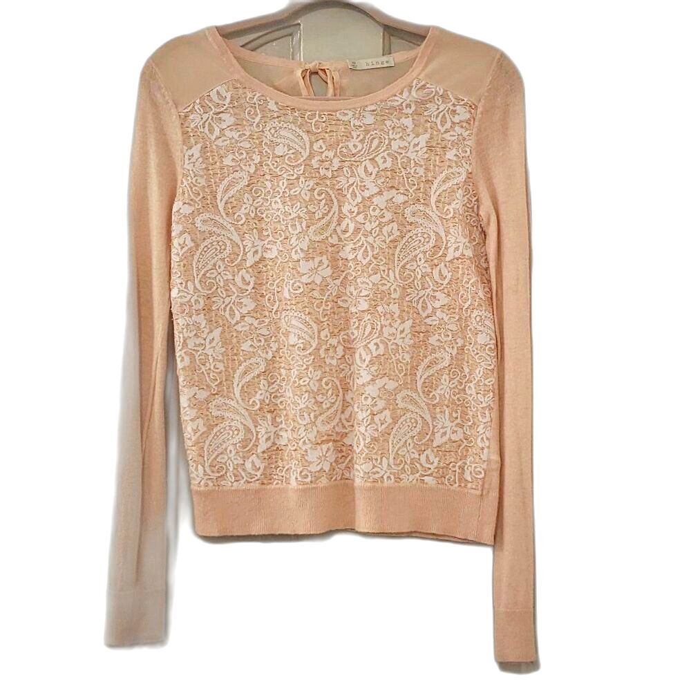 Hinge Pink Angora Blend Sheer Crepe Embroider Paisley Bow Back Sweater Top, Sz S